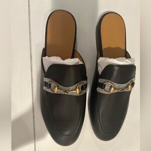 New with tags black Gucci slides authentic shoes gold buckle